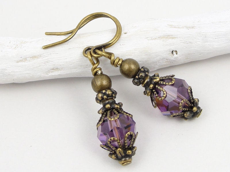 Beaded Earrings Amethyst Purple Earrings Swarovski Crystal Antique Brass Jewelry Vintage Style Vintage Inspired Delicate Dangle Earrings