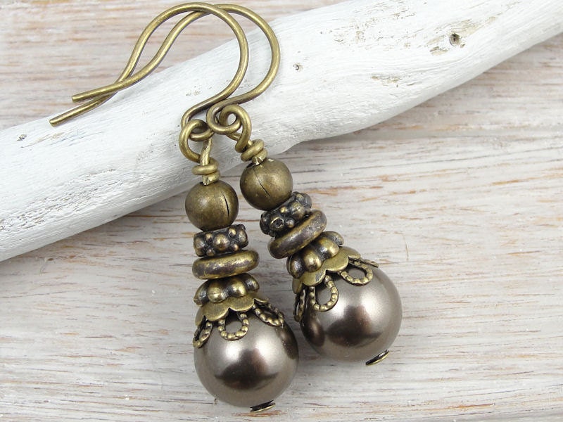 Brown Pearl Earrings Antique Brass Jewelry Vintage Style Bridesmaid Jewelry Chocolate Brown Mocha