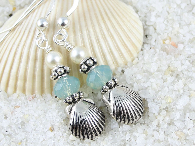 Beach Jewelry Summer Sea Shell Seashell Earrings Sterling Silver Watery Pacific Opal Ocean Aqua Dangle Earrings Beaded Jewelry