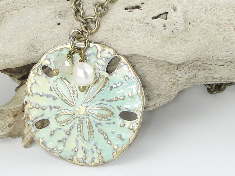 Nautical Jewelry Sand Dollar Summer Jewelry Distressed Shabby Chic Boho Chic Vintage Style Antique Bass Necklace Creamy Sand and Sea Colors