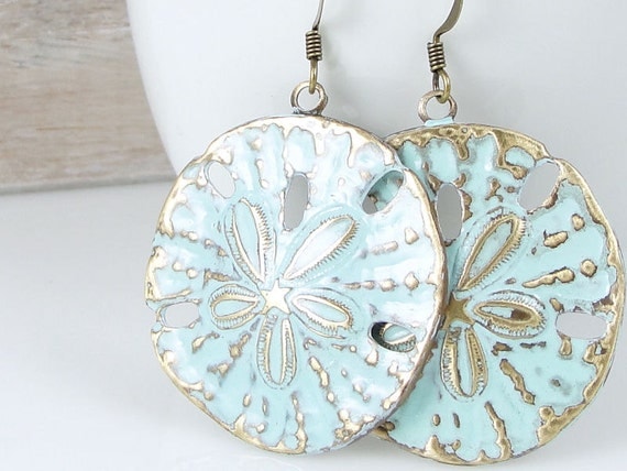 Beach Jewelry Sand Dollar Earrings Bohemian Boho Chic Light Turquoise Blue Summer Jewelry Distressed Weathered Shabby Chic Ocean Aqua