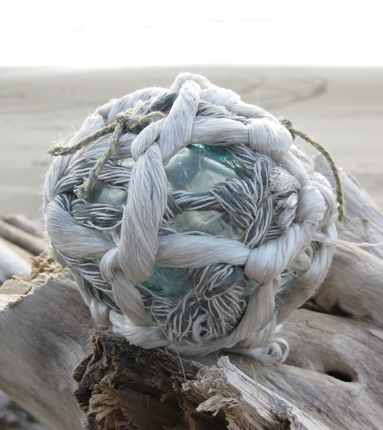 Japanese Glass Fishing Float - Original Double Net, Softball Size, Teal Blue
