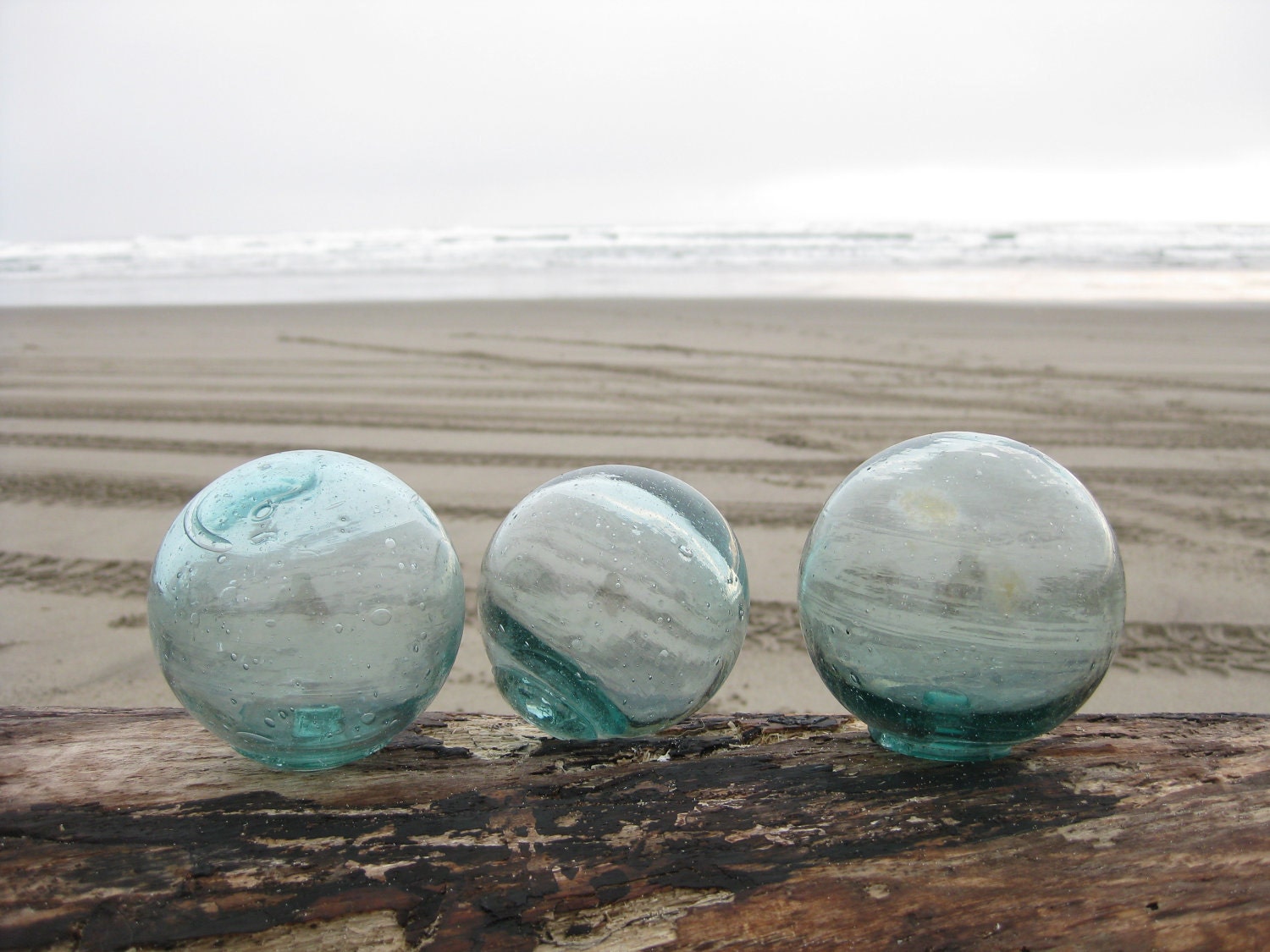 Japanese Glass Fishing Floats - Set of 3 in Shades of Teal Blue