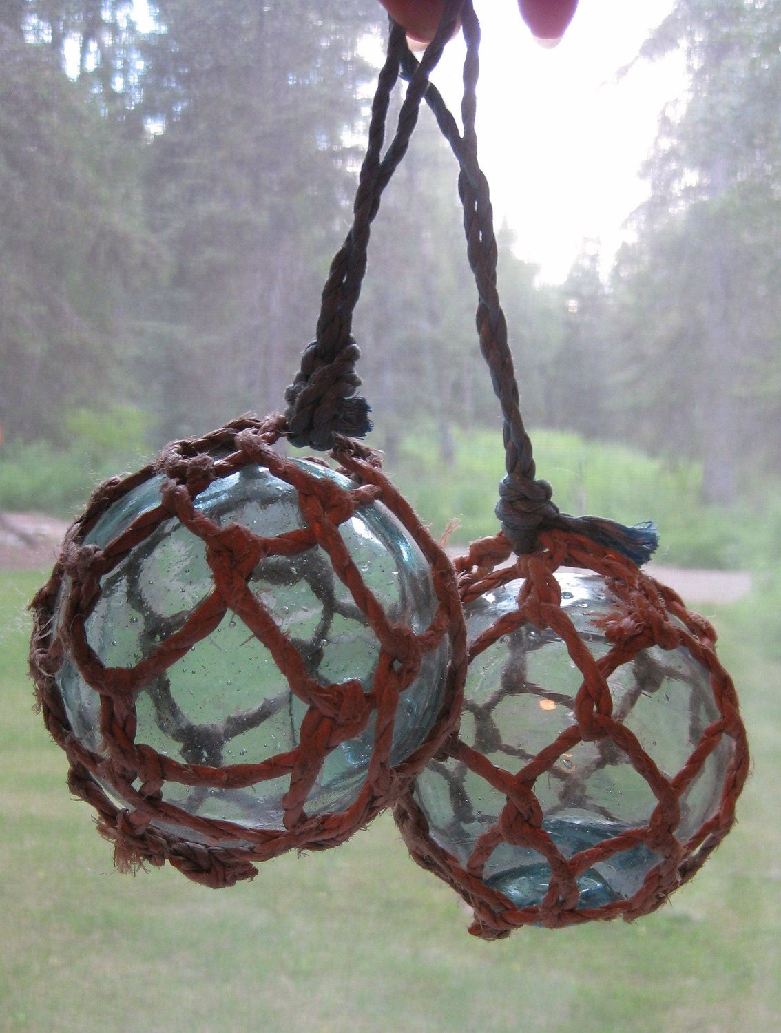 Japanese Glass Fishing Floats - Set of 2 with Original Nets