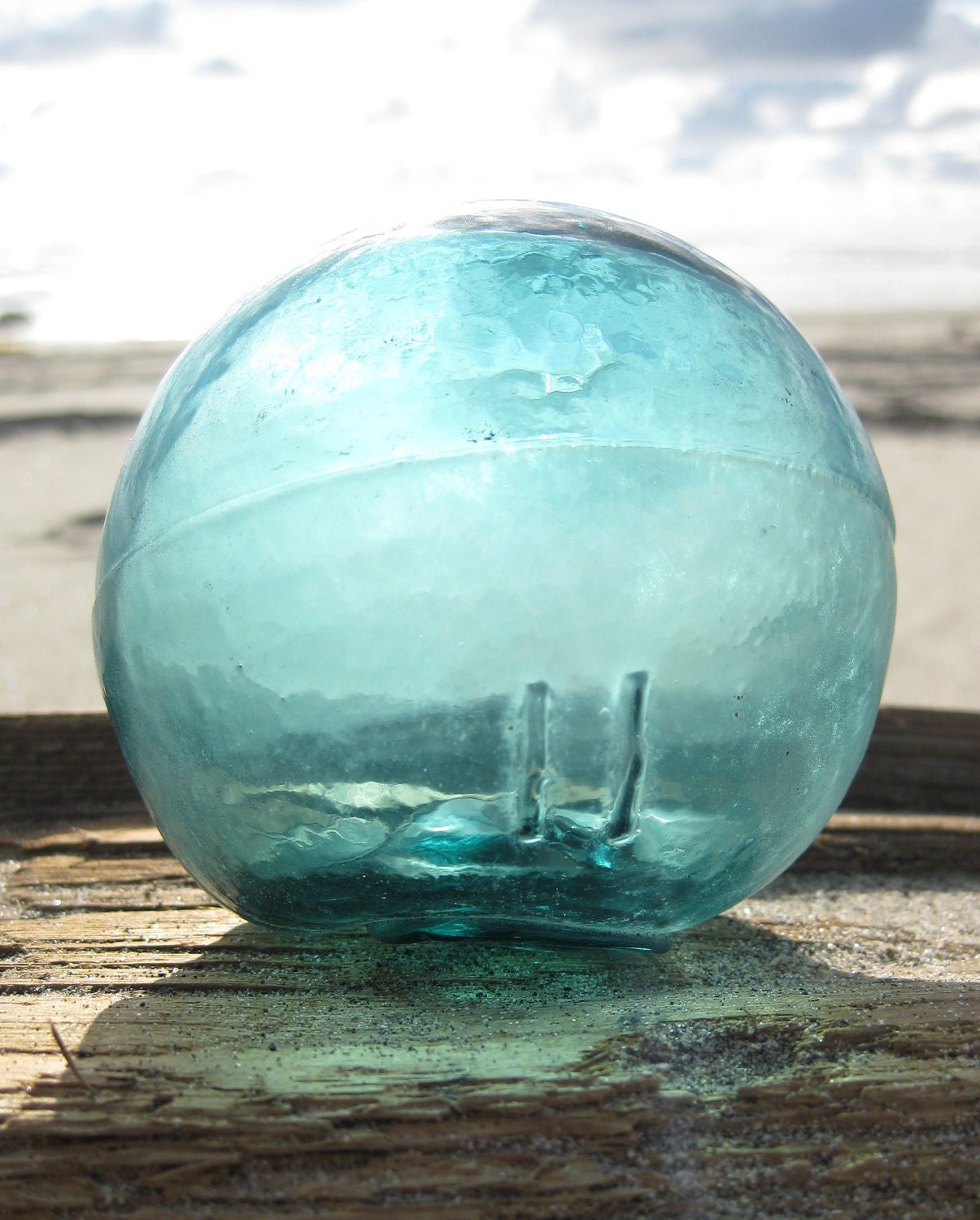 Authentic 3-Piece Mold Glass Fishing Float - Teal Blue, Frosted, Alaska Beachcombed