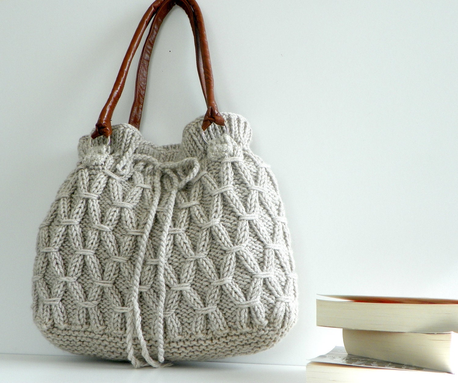Bag, NzLbags - Beige-Ecru Knitted Bag, Handbag - Shoulder Bag, Leather Strap