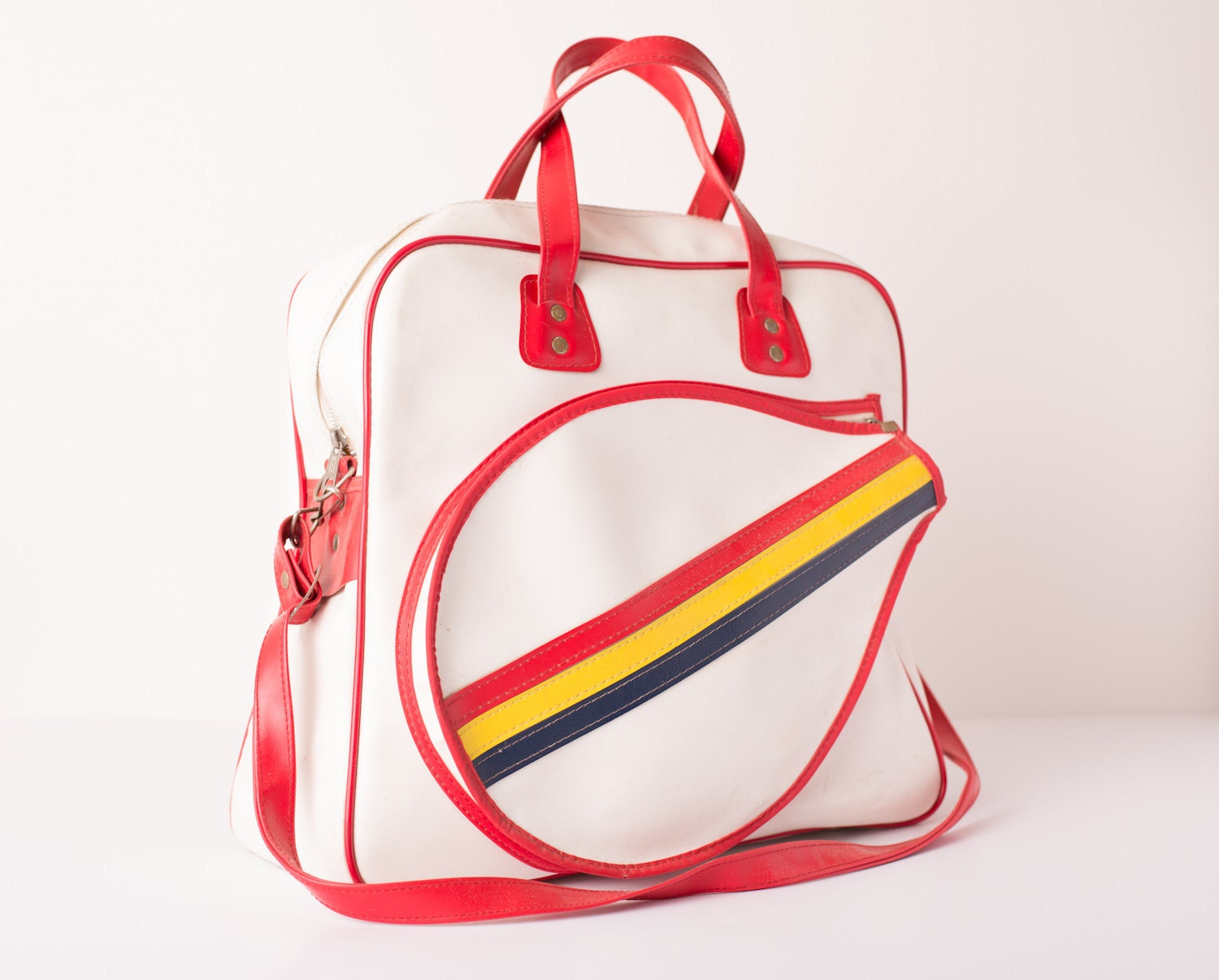 Vintage Large Rainbow Stripe Tennis Sports Bag w/Red Accents