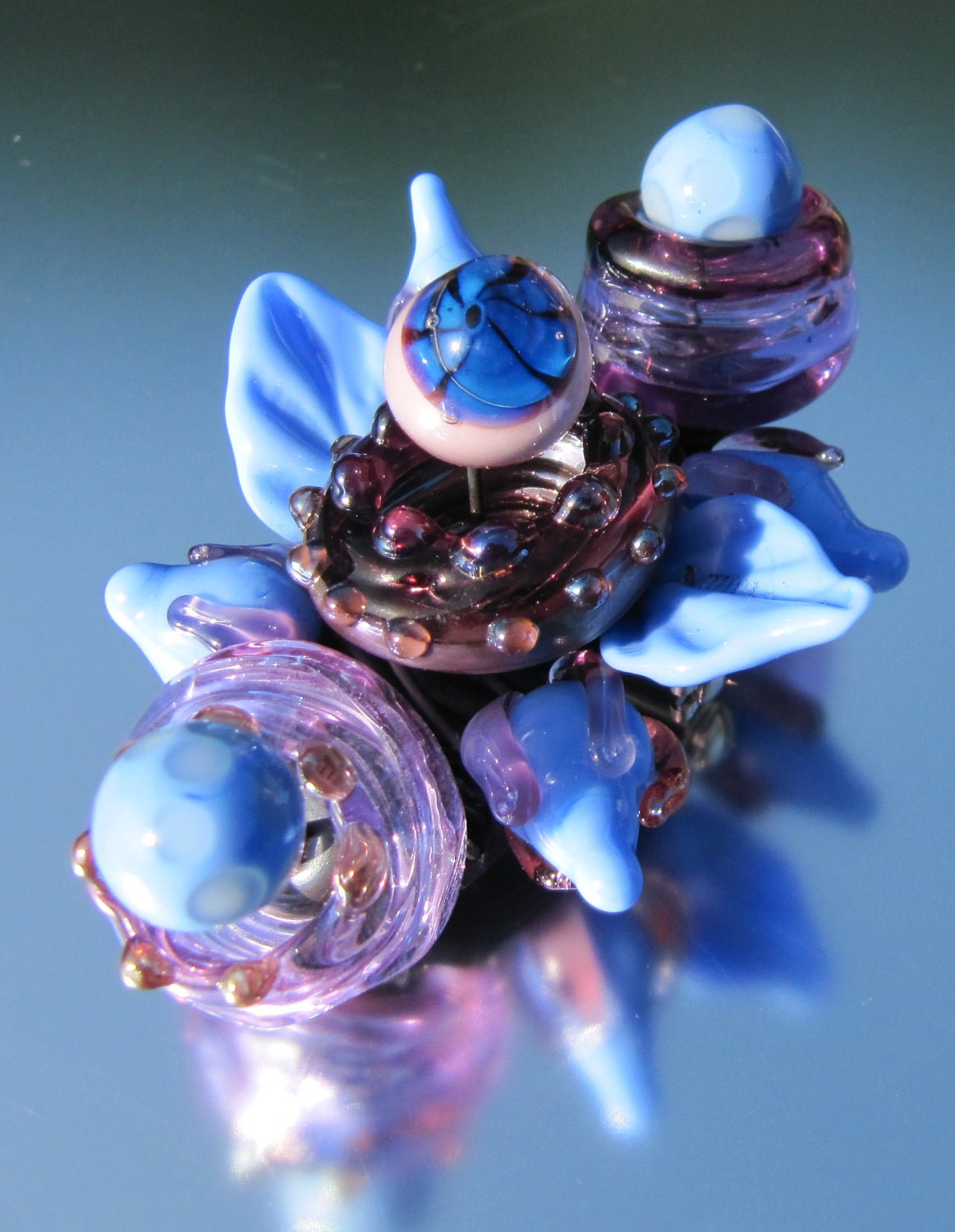 One of a kind handmade lampwork brooch - Popping Perriwinkle