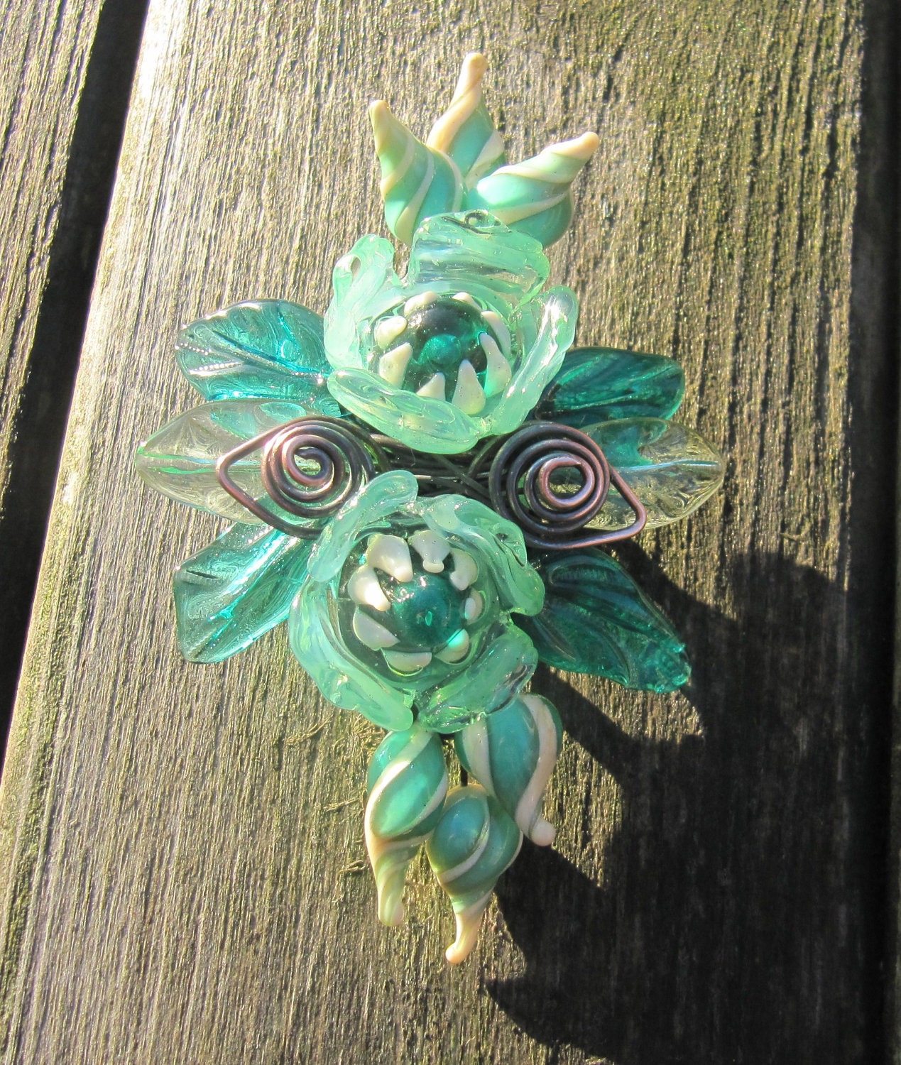 One of a kind handmade lampwork corsage brooch - Jade Rose