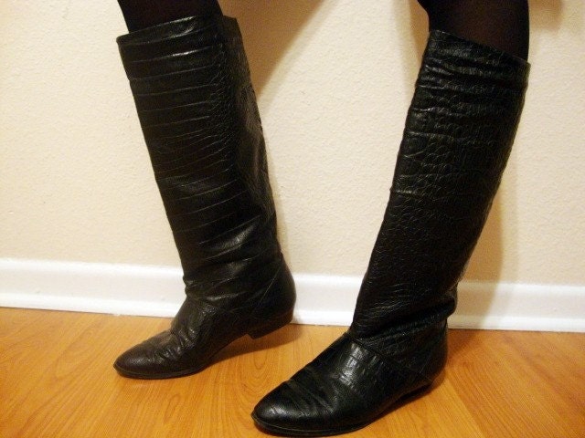 Size 7 Black Tall Reptile Print Boots Shoes