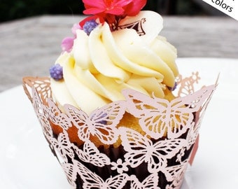 50 Lace Cupcake Wrappers Liner - Pastel PINK BUTTERFLY