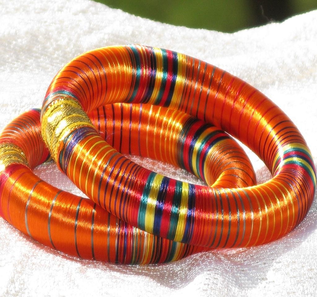 2 Orange Multicolor Silk Thread Wrap Bracelets - Fiber Handmade Jewelry very Lightweight - Indian Bangles Perfect For Autumn, Fall - Funky