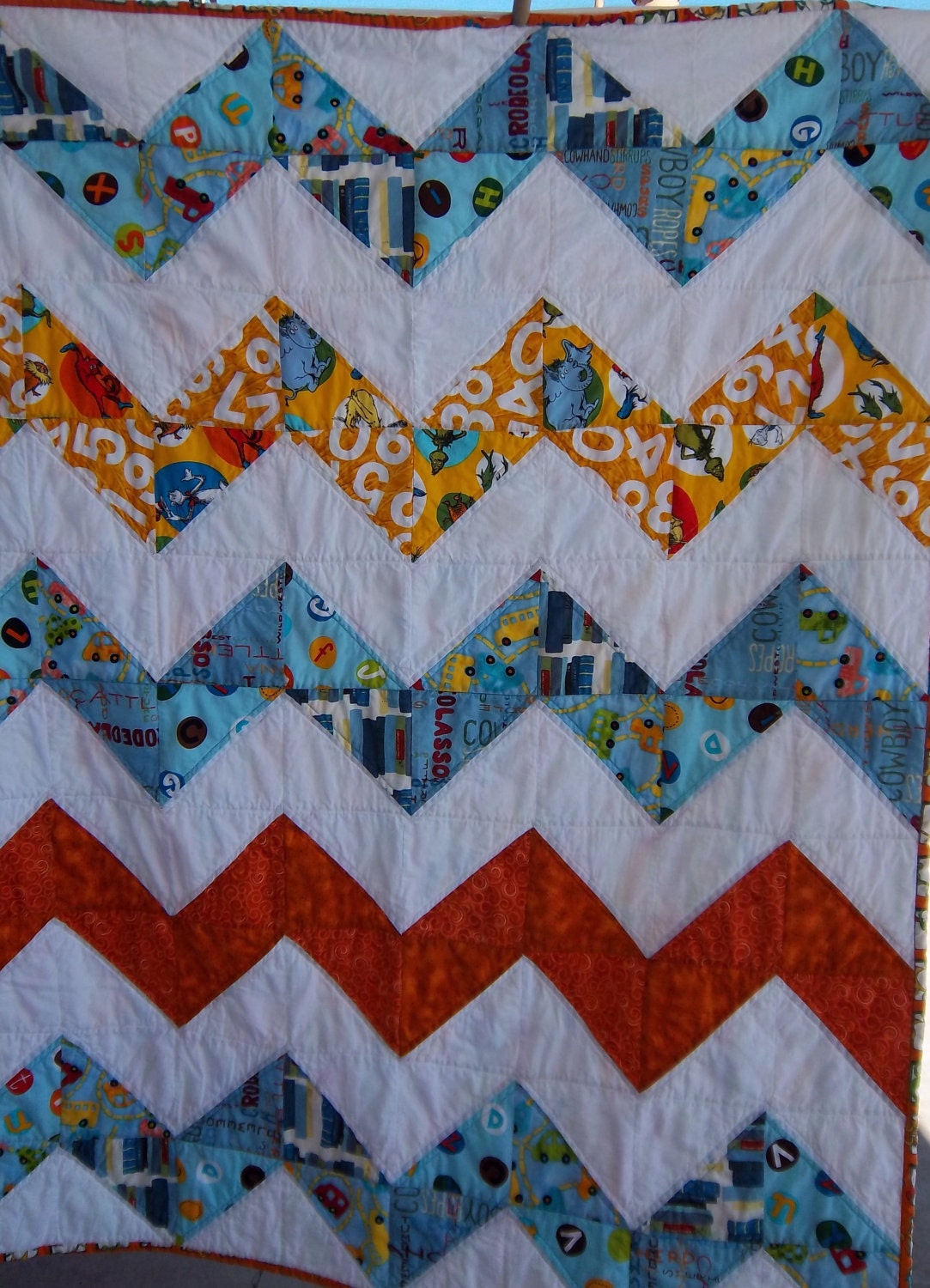 Modern Chevron Baby Boy Quilt in Dr. Suess Fun by Dreamy Vintage Sheets on Etsy