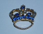 Crown Tiara Pin Blue Clear Prong Set Rhinestone Brooch