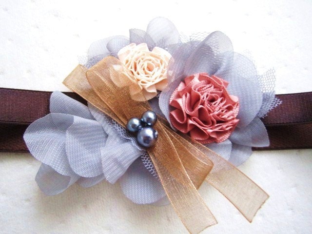 Ribbon Flower Beaded Stretchy Headband - Size from Newborn - Adults