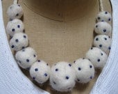 White Wool Felt ball necklace with blue glass beads