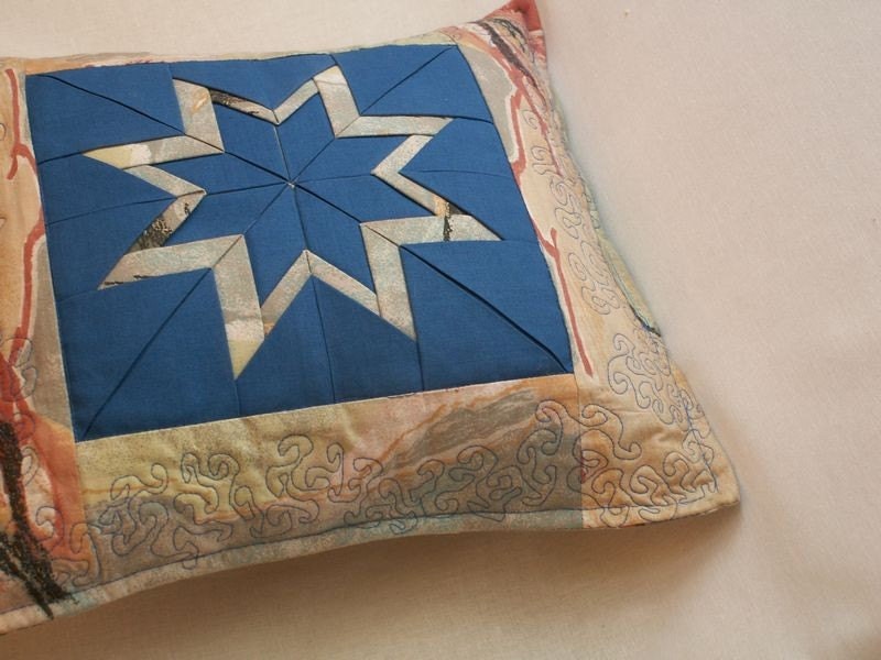 Pillow Blue Star from recycled fabrics and clothing patchwork origami
