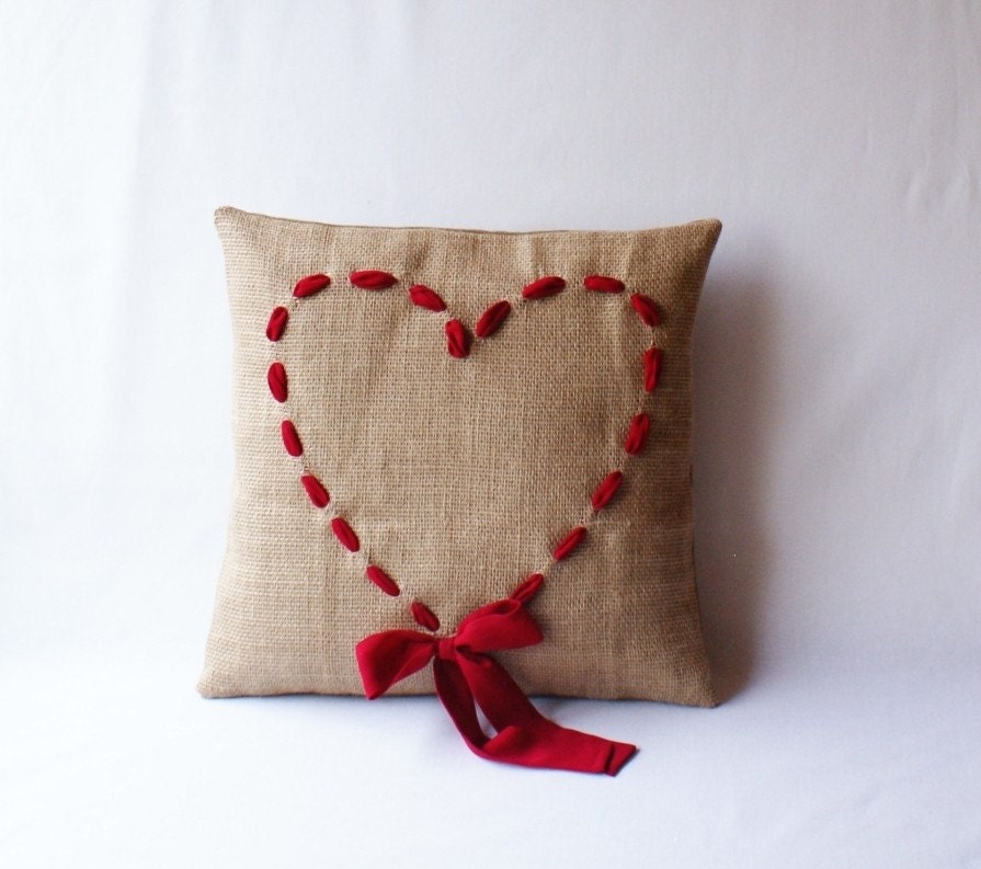 Valentine's Day Pillow Love Pillow with red woven heart 16 x 16 inch. Made to order. - annakrycz