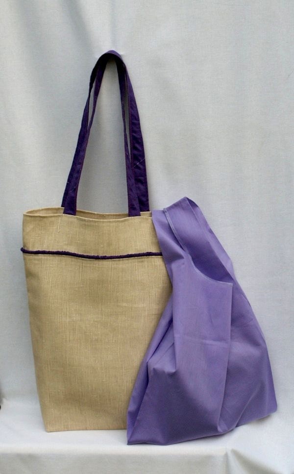Beige tote bag from organic linen canvas with tiny violet cotton. Gift  - navy market bag.