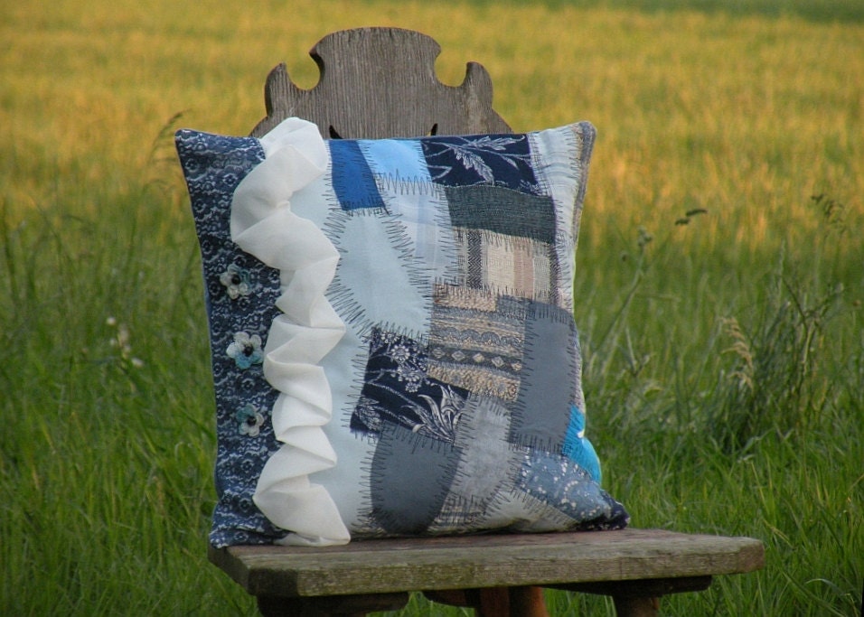 Pillow in eclectic style, crazy patchwork, ruffled fluence, croched flowers and vintage lace in shadows blue, nave and white 16 x 16
