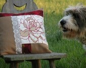 Dcorative pillow with lovely big rose and vintage lace in shadows of beige, brown and beet 16 x 16 Made from recycled and vintage fabrics