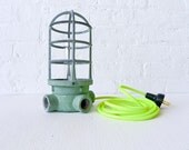 Industrial Light - Vintage Machine Age Industrial Cage Lamp w/ Neon Yellow Net Color Cord