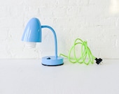 30% SALE - Retro Industrial Gooseneck Desk Table Lamp in baby Blue with Neon Yellow Green Cord