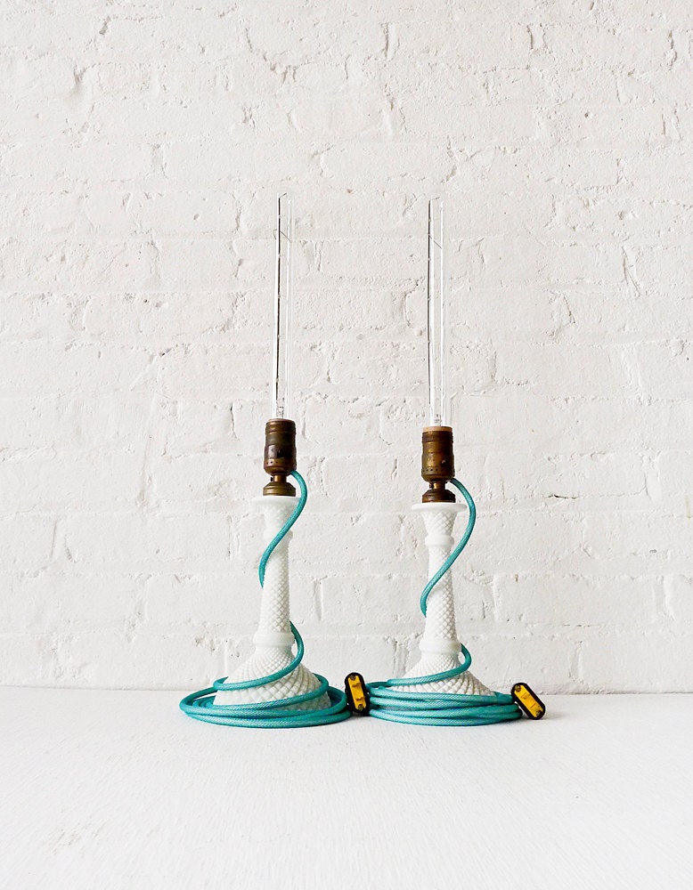 Lighting - Pair of Vintage White Milk Glass Diamond Cut Candlestick Lamps w/ Agua Net Color Cord