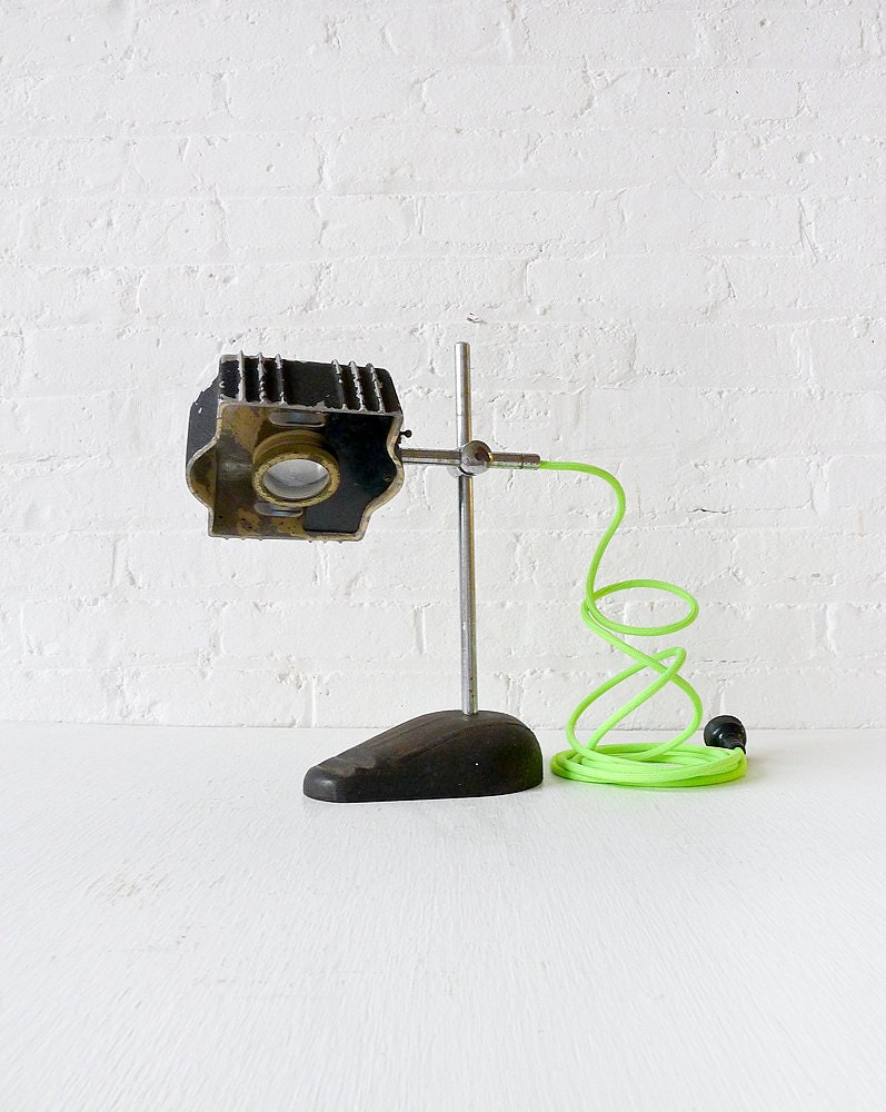 10% SALE - Antique Industrial Magnifier LAMP Jewelers Light with Neon Green Yellow Cord