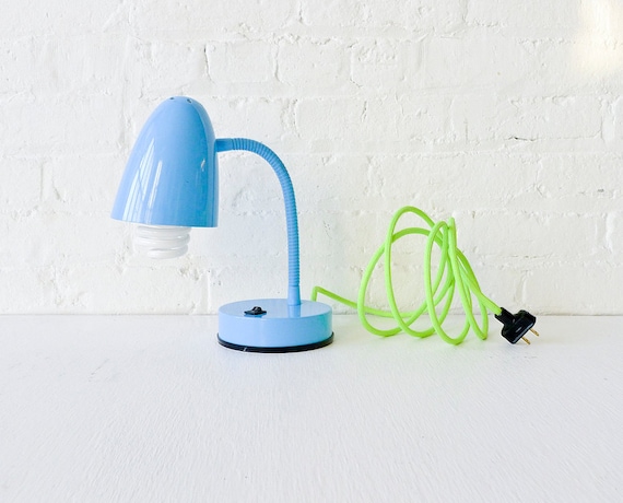 30% SALE - Retro Industrial Gooseneck Desk Table Lamp in baby Blue with Neon Yellow Green Cord