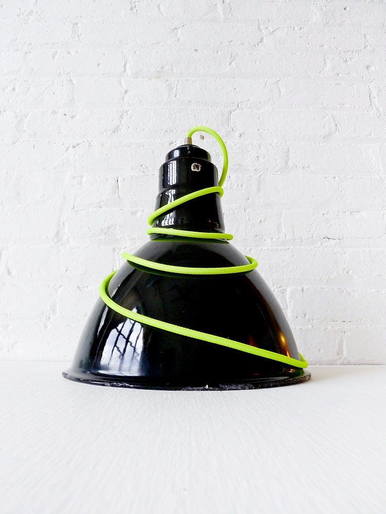 Pendant Light - Vintage Industrial Gas Station Factory Lighting with Neon Yellow Net Color Cord