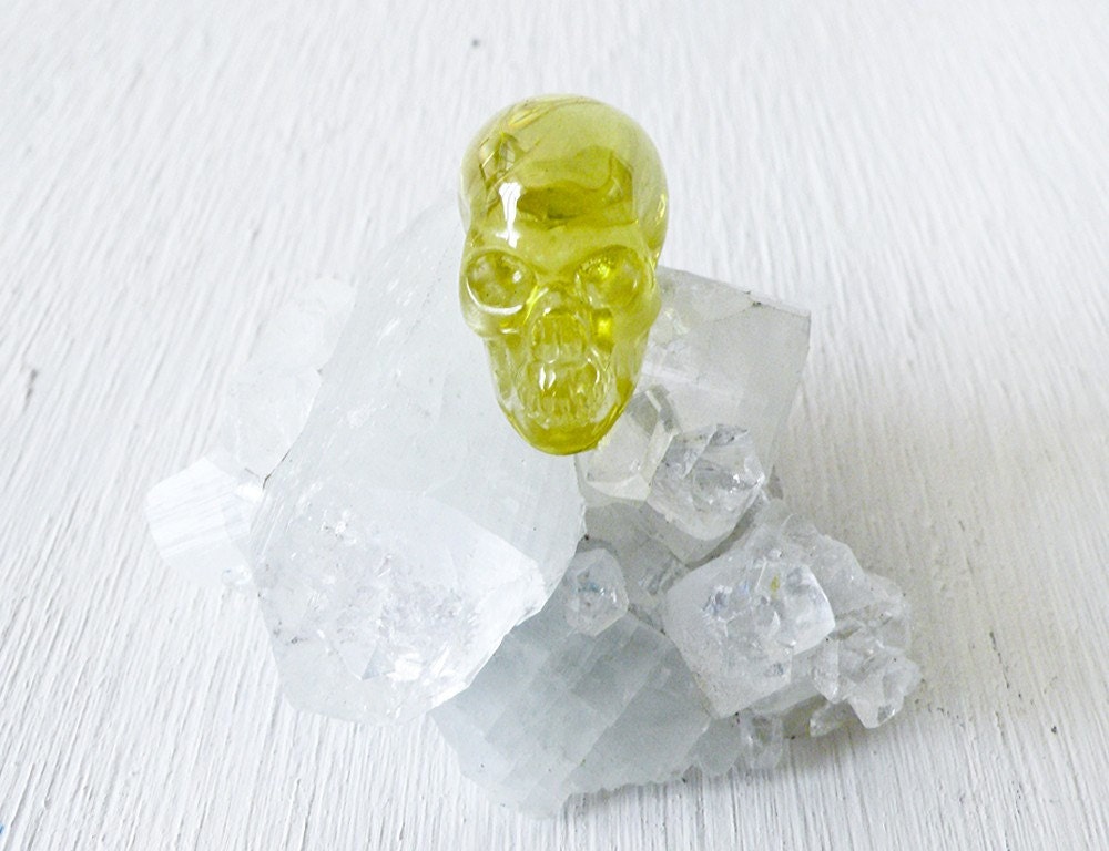 10% SALE - Real Cubic Zirconia Carved Crystal Skull on Apophyllite Cluster from India