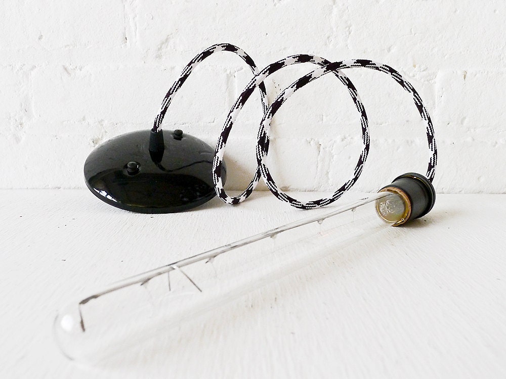 Mad Scientist Bare Bulb Tubular Light Pendant w/ Black & White Color Cord