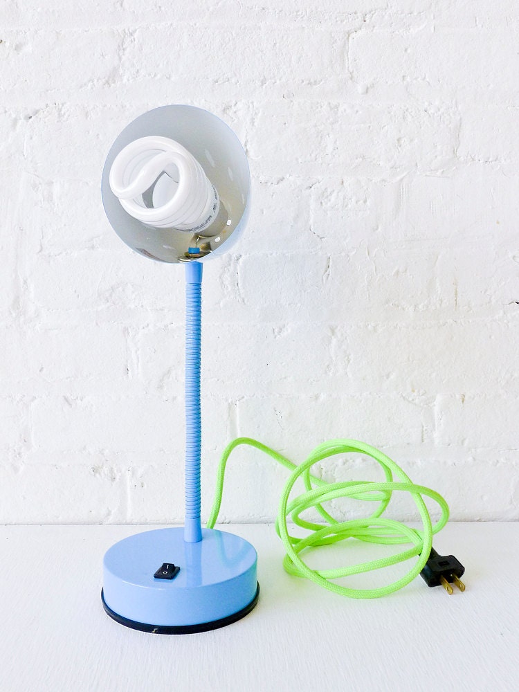 30% SALE - Retro Industrial Gooseneck Desk Table Lamp in baby Blue with Neon Yellow Green Cord