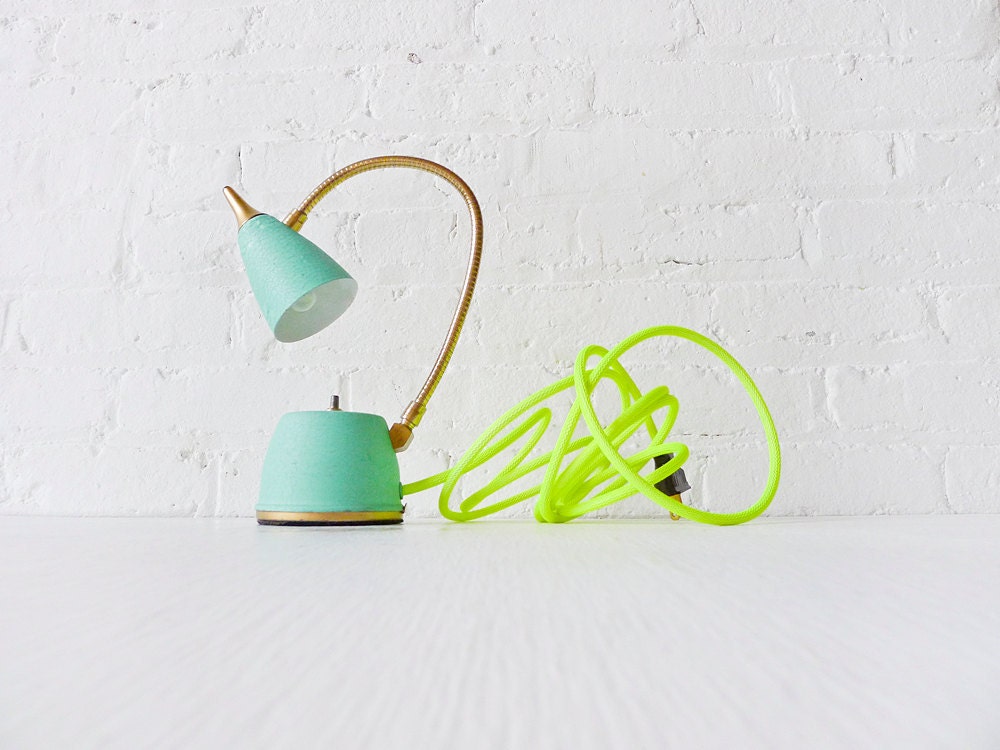 Vintage Lamp - Mint Green Gooseneck w/ Neon Yellow Net Cloth Color Cord