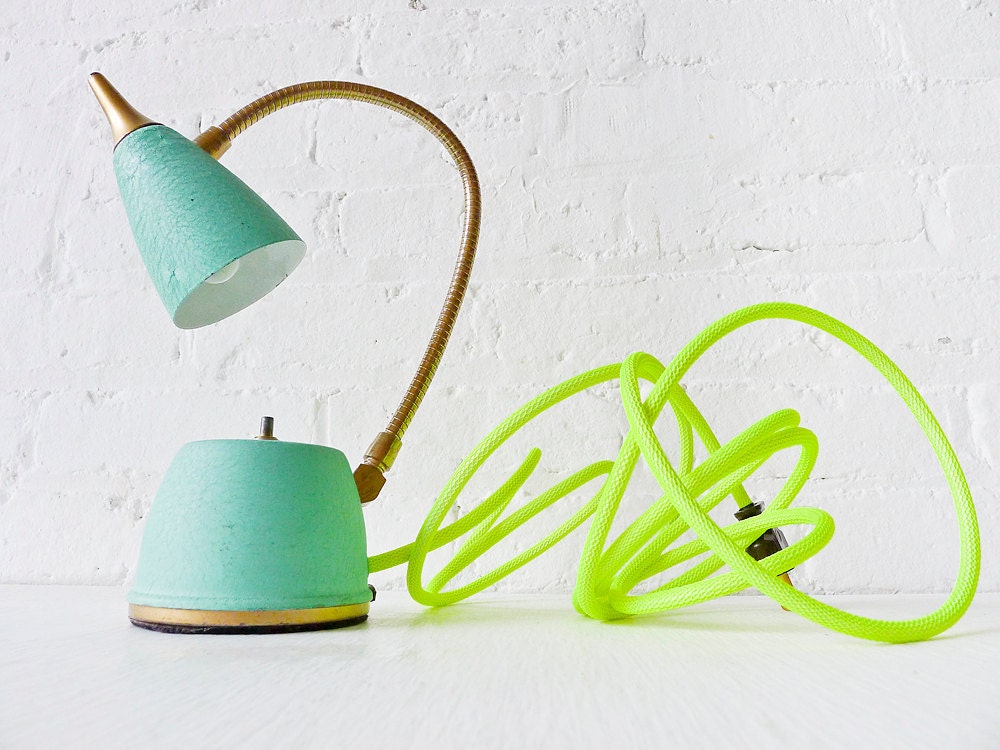 Vintage Lamp - Mint Green Gooseneck w/ Neon Yellow Net Cloth Color Cord
