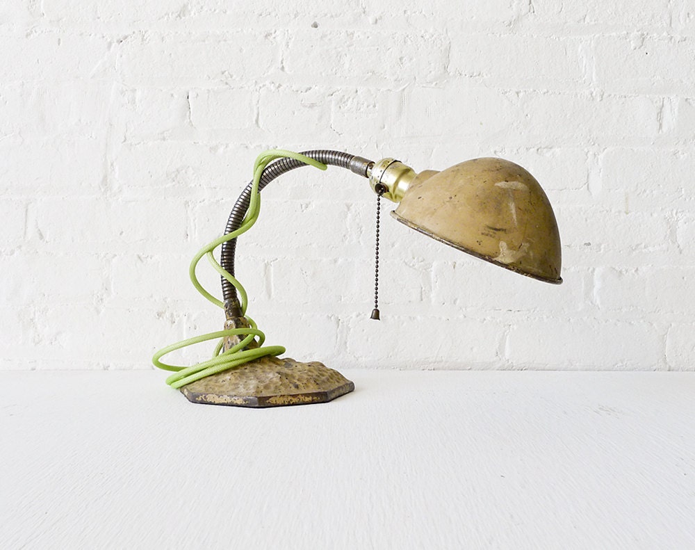RESERVED for Ralph - Vintage Desk Lamp - Gooseneck Light w Moon Surface Base w/ Lime Green Net Color Cord