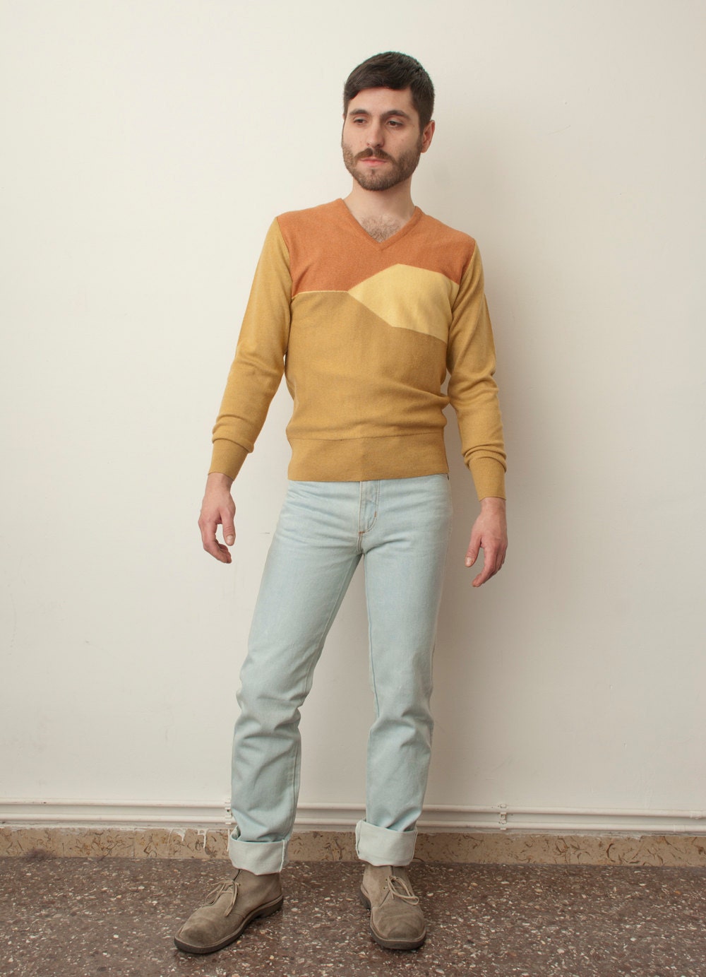 Unworn three colour V-neck 70s woolen jumper