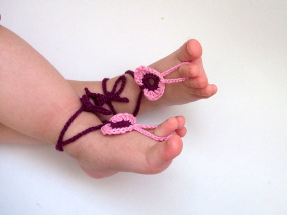 2 PAIRS-Pink Heart Barefoot Baby Sandals-Crochet Baby Barefoot Sandals-Beach Anklet Yoga,Bridal Cuff Gypsy -2 pairs