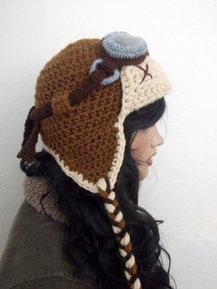Crochet Aviator Hat Set with Goggles - tan and beige-Photo Prop - adult size