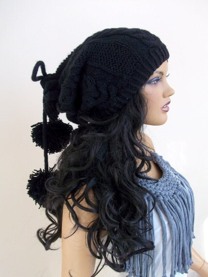 Black Knitting Hat or cowl,scarf-Pon pon hat