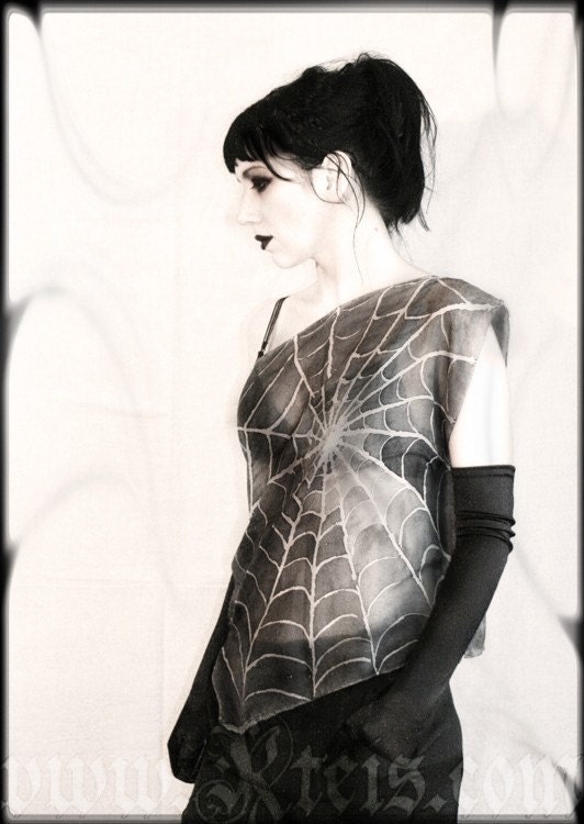 Gothic silk blouse - gray top tank - spider web