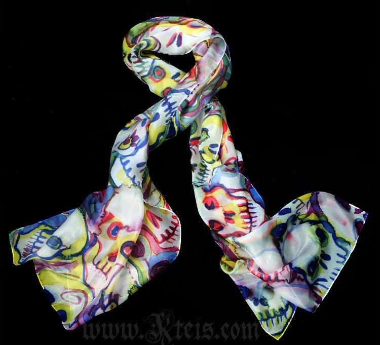 Silk scarf shawl - hand painted skulls - gothic fashion