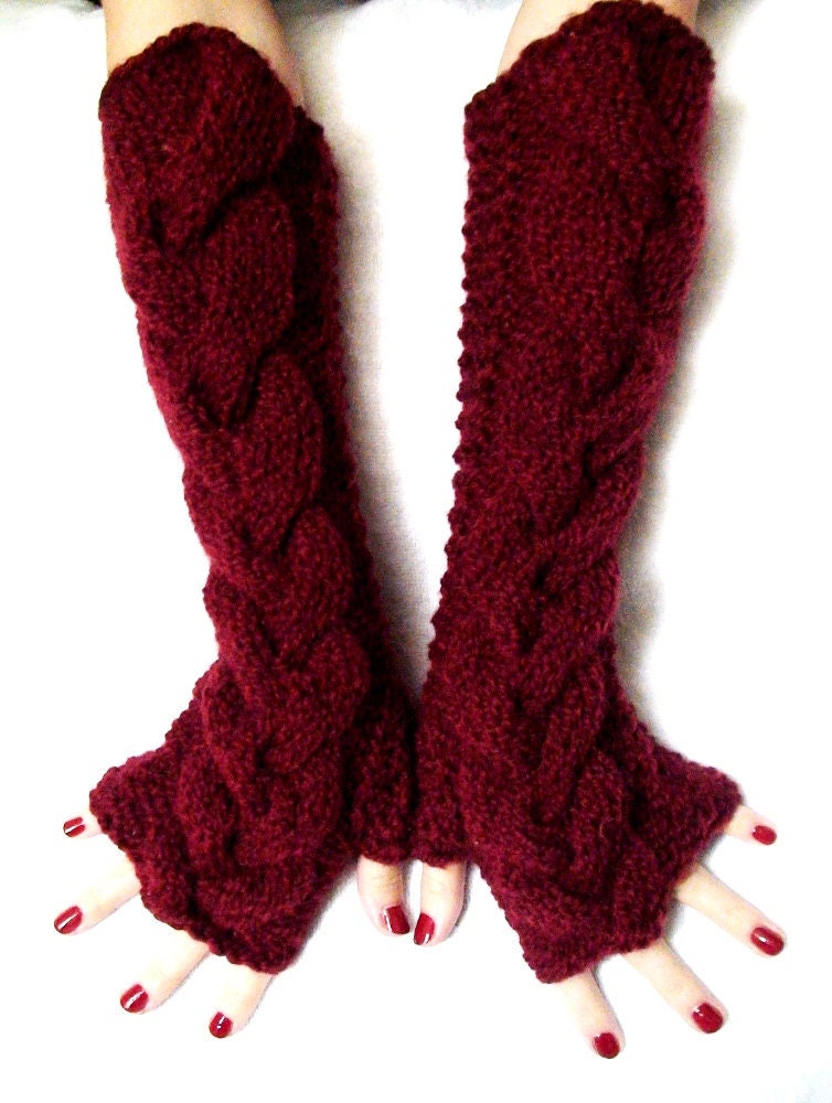 Fingerless Gloves Elbow Length Arm Warmers Dark Red by