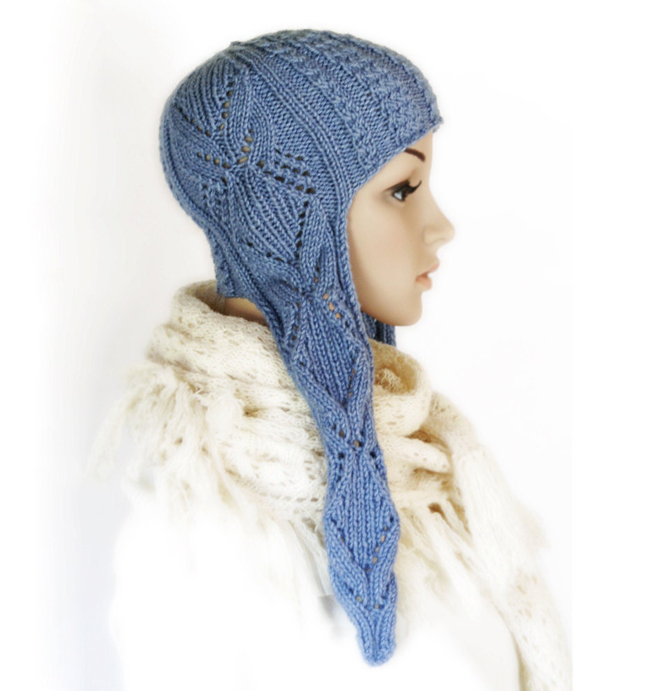 Blue Ear flap Hat, knitted lace cables fashion accessories for women teen girls