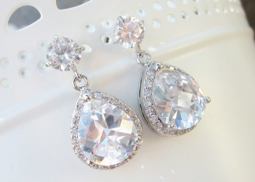 Rhinestone bridal earrings, classic tear drop, small wedding earrings, pear shape drops, vintage old hollywood - Ava