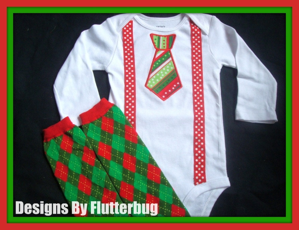 BOYS CHRISTMAS Bodysuit and Leg Warmers Set - Red and Green Appliqued Tie with Faux Suspenders