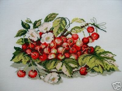 COMPLETED CROSS STITCH CHERRIES AND ROSES
