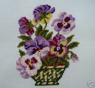 COMPLETED CROSS STITCH PANSIES IN THE VASE