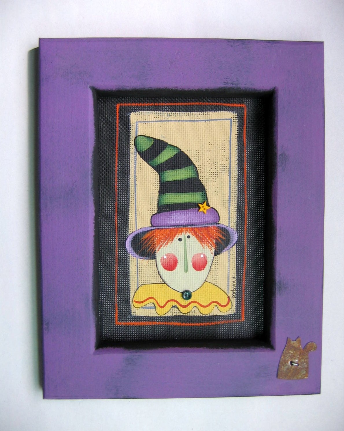 Halloween, Witch, Funky Striped Hat, Framed in Purple, Tole Painted
